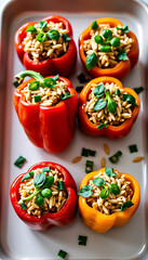 Fototapeta premium Stuffed Bell Peppers - Bell peppers stuffed with spiced rice ground beef and fresh herbs. background copyspace