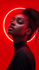 Person fiercely poses close-up photo, intense red glow backdrop. AI Generated