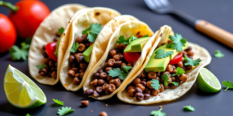 Spicy Lentil Tacos - Soft tacos filled with spicy lentils avocado and a fresh lime dressing. backdrop background digital art crisp oilpinting minimalist sharp details funny background copyspace