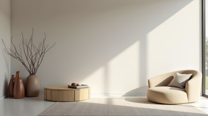 Sleek Neutral-Toned Room with Modern Furniture Including a Small Sofa and Wooden Coffee Table