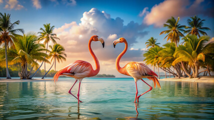 Fototapeta premium Two flamingos in tropical lagoon at sunset