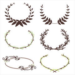 A collection of laurel and branch-inspired wreath designs. The set includes six different styles, featuring elegant curves, leaf arrangements, and decorative flourishes.