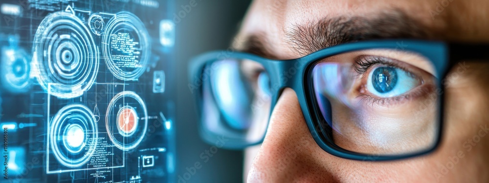 Poster close-up view of a person wearing glasses interacting with digital interface representing advanced t