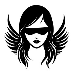 Stylized woman face with wings and sunglasses in black and white