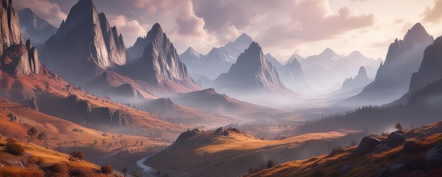 Ominous misty landscape with towering mountains and valleys, natural, ominous
