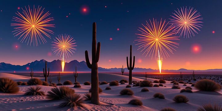 Fireworks Over the Desert - A vibrant display of fireworks over a serene desert landscape. backdrop background digital art crisp oilpinting minimalist sharp details funny background copyspace