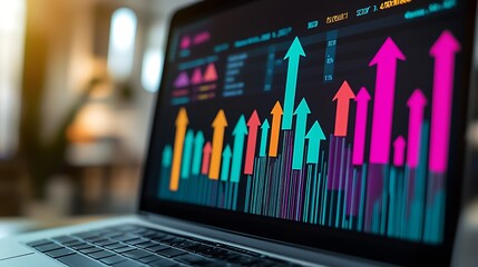 Dynamic Financial Data on Laptop Screen with Vibrant Colorful Arrows Representing Growth Trends : Generative AI