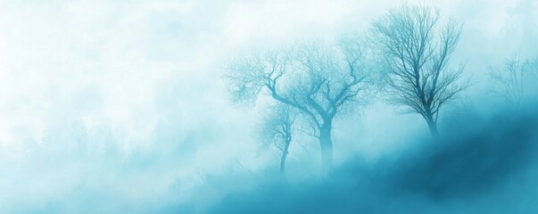 Atmospheric Seasonal Background with Snow covered Tree Silhouettes in Mist. Blue Winter Woodland Banner.