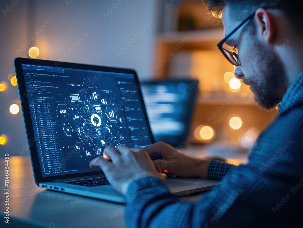 Poster focused male programmer working on modern laptop with data visualization and various graphical inter