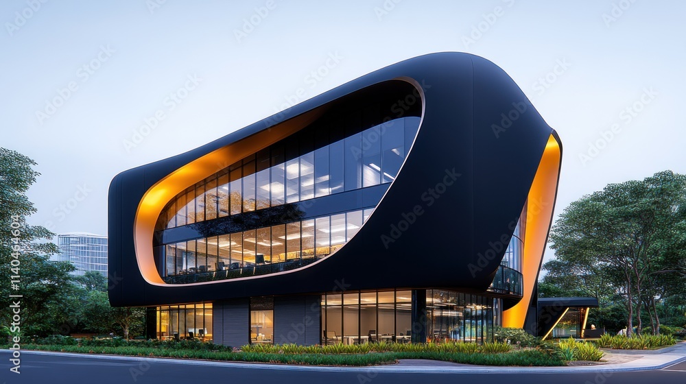 Poster modern architectural building with sleek design and large windows.