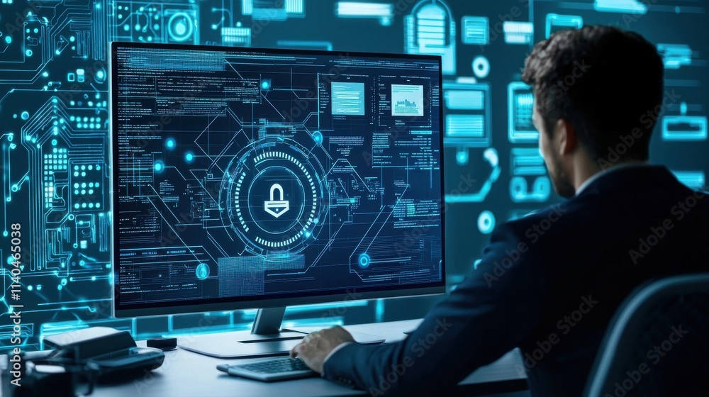 Poster professional man working on cybersecurity project with advanced technology and digital data visualiz