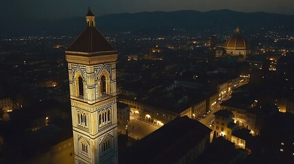 Fototapeta premium Tall tower glows softly at night wide photo city background. AI Generated