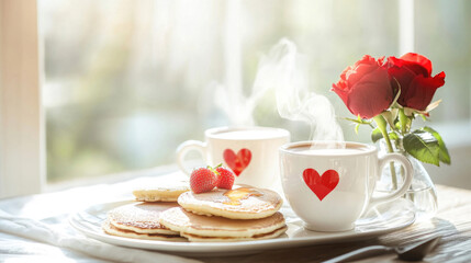 Romantisches Fr&uuml;hst&uuml;ck mit Herz-Desserts, Pancakes und Cappuccino im Sonnenschein
