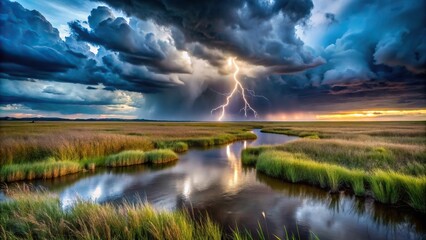 Fototapeta premium Stormy sky over flat marshland with tall grasses, lightning strike illuminating horizon