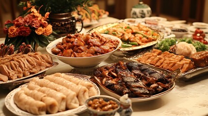 Fototapeta premium Abundant Festive Feast: A Table of Delicious Dishes. AI Generated
