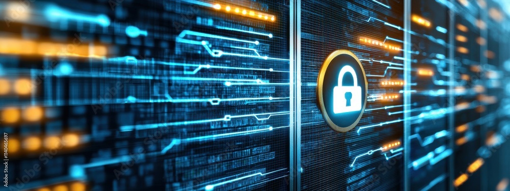 Poster digital security concept with lock icon, futuristic data streams and connected lines illustrating cy