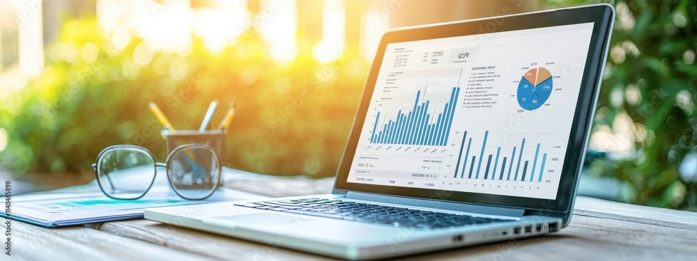 Aufkleber modern laptop displaying business analytics with colorful charts and graphs set against a bright out