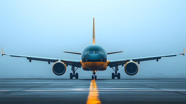A large jetliner is sitting on the runway, ready for takeoff. The plane is surrounded by a yellow line, indicating the safe distance for the plane to take off. The sky is cloudy
