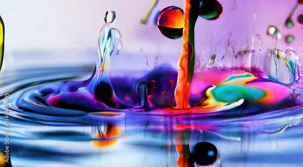 Poster droplets of colored water fall into a pool, making a dynamic splash with colorful ripples.