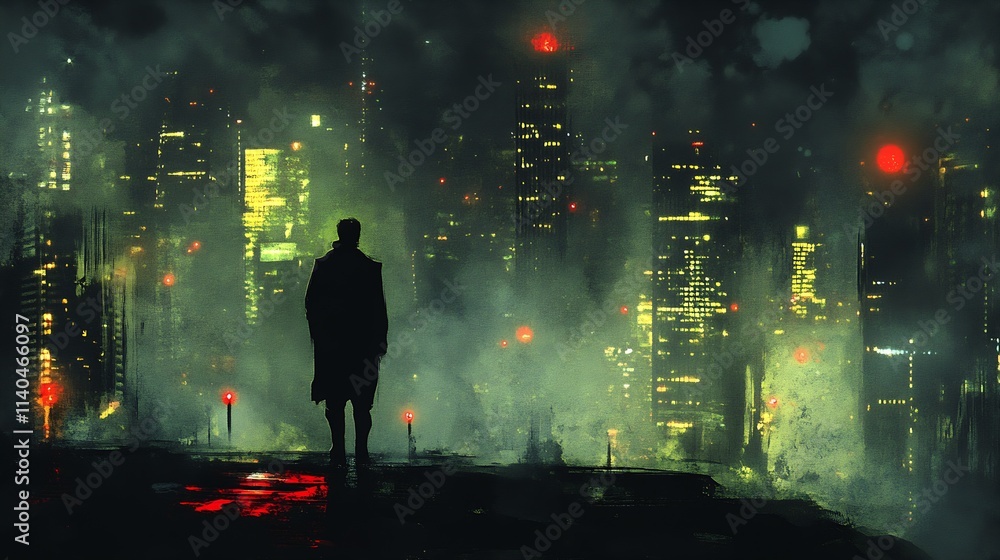 Poster mysterious cityscape night scene with lone figure standing against illuminated skyscrapers : generat