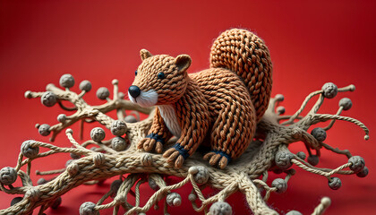 Obraz premium a squirrel made by wool on a branch of a tree