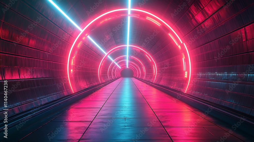 Poster Neon Lit Tunnel with Vivid Colors Creating an Immersive Futuristic Experience : Generative AI