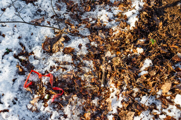 Traces of a search for stashes of illegal substances in the ground, soil dug up by drug addicts and discarded duct tape. Russia