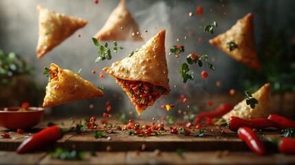 Spicy samosas levitating, chili peppers, herbs, steam.