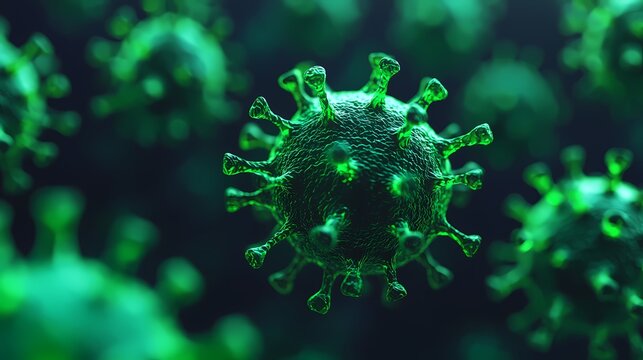 A close-up view of a green virus structure, showcasing its surface spikes and spherical shape, representing microscopic life forms.