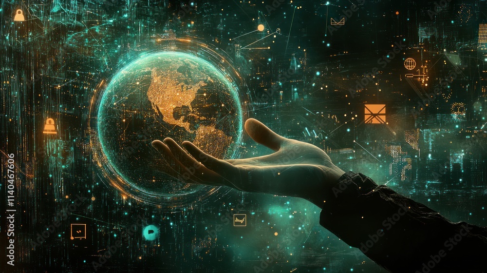 Poster hand holding digital earth with data icons floating around it.