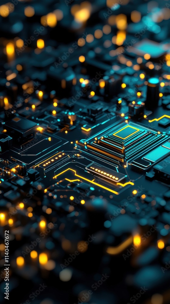 Poster abstract close-up view of a futuristic circuit board with glowing lights and intricate pathways, sym