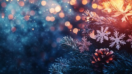 Fototapeta premium Christmas Card with Pine Branches and Glowing Snowflakes Creating a Magical and Festive Holiday Design