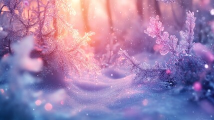 Icy Wonderland with Snowy Trees and Vibrant Sunset Creating a Magical and Peaceful Winter Landscape