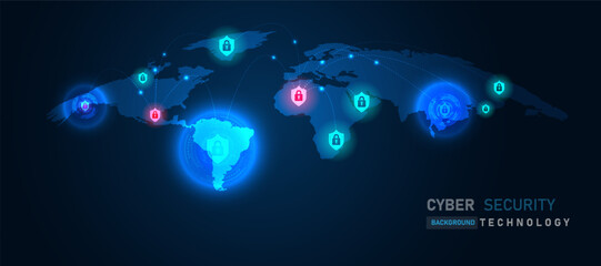 globally interconnected cyber world adorned with vibrant shields symbolizing robust security systems; Futuristic concept of a global network protected by advanced security measures.