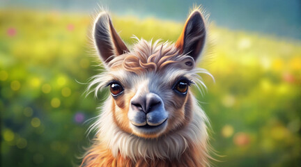 Obraz premium Llama standing in sunny meadow with soft yellow grass