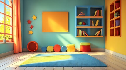 Bright and Cheerful Kids Playroom with Multiple Shelves and Soft Play Mats in Sunlit Setting : Generative AI