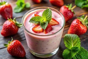 Strawberry yogurt with mint leaves