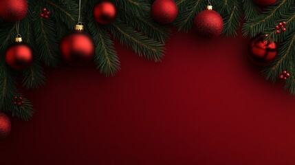 Christmas and New Year Greeting with Red Ornaments and Fir Branches on Elegant Dark Background for Festive Design