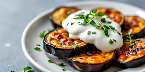 Baked Eggplant with Garlic Yogurt - Roasted eggplant slices topped with garlic-infused yogurt and fresh herbs. backdrop background digital art crisp oilpinting minimalist sharp details funny backgro