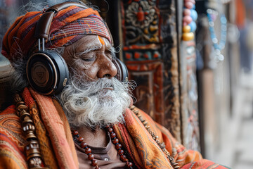 Man wearing headphones and a scarf sits on a bench. He is listening to music or a podcast