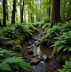 Obraz premium Lush green forest with stream and ferns