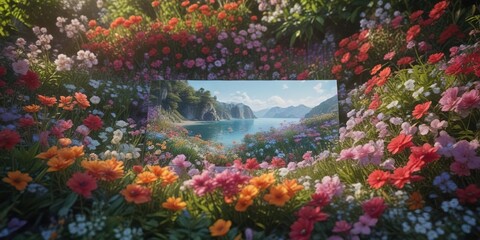 Postcard partially submerged in a bed of lush flowers and foliage , landscape, outdoor