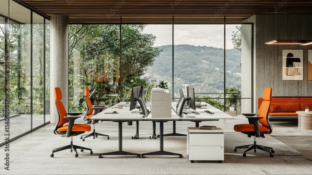 Poster a large office with a view of mountains