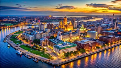 Naklejka premium Liverpool Cityscape Drone View: Waterfront Panorama, Aerial Photography, Urban Scenery, UK