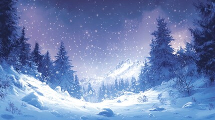 Serene Winter Wonderland with Snowy Landscape and Pine Trees Under a Starry Sky Perfect for Christmas Decorations and Card Designs