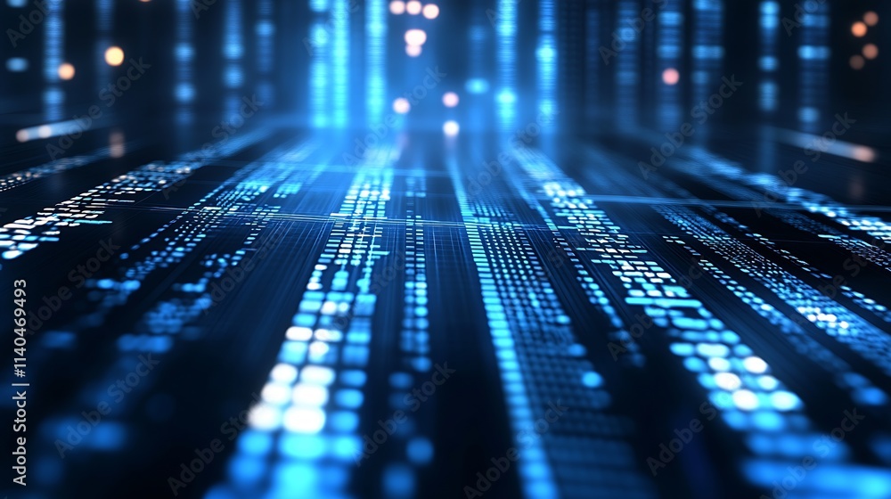 Aufkleber futuristic stream of blue digital lights on abstract grid design : generative ai