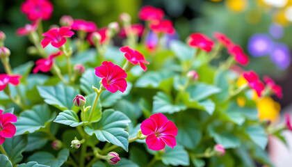 Geranium Charm - Bright geranium flowers in a charming garden setting. background copyspace