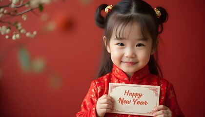 A young Asian girl in traditional red and gold attire smiles warmly while holding a "Happy New Year" card, exuding joy and celebration against a matching background.