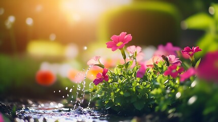 Obraz premium Serene Garden Setting Sunlight Water Droplets with Colorful Flowers in Bloom : Generative AI