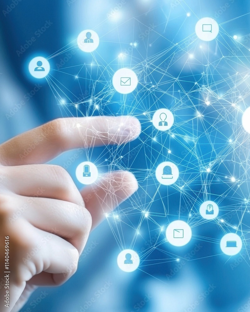 Poster futuristic digital interface concept with human finger touching floating icons representing communic